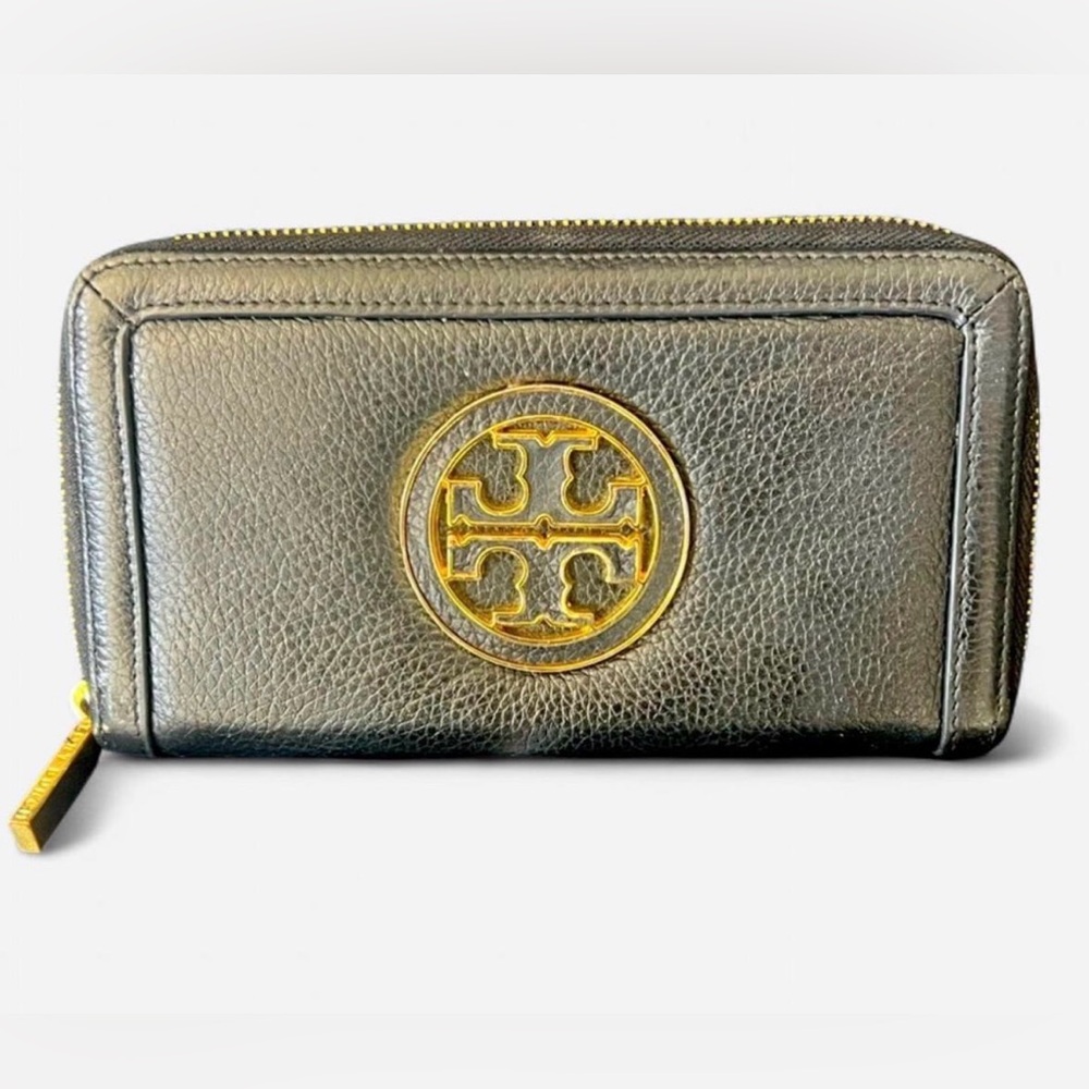 TORY BURCH Black/Gold Pebble‎ Leather Long Wallet